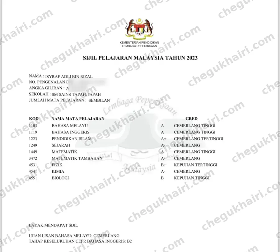 Isyraf Adli - SPM 2023 result slip, nine subjects.