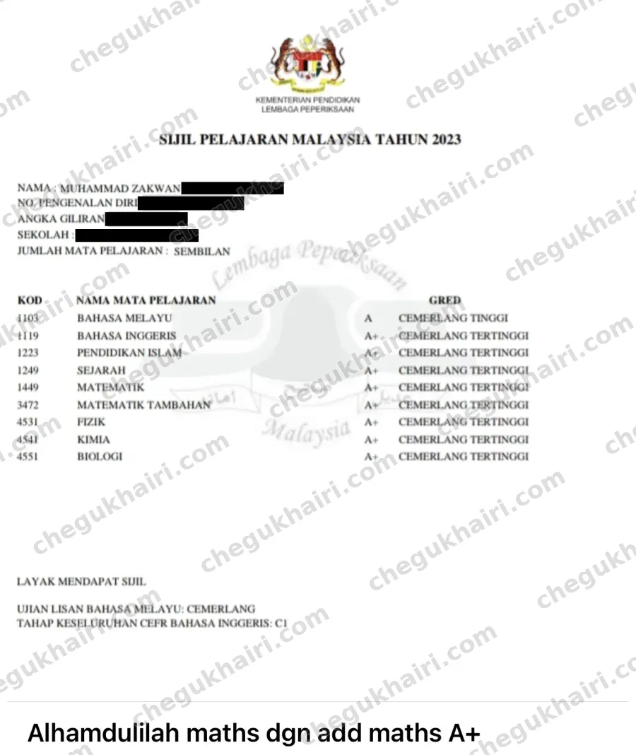 Muhammad Zakwan - SPM 2023 result slip. A+ for Add Maths, A for Maths.